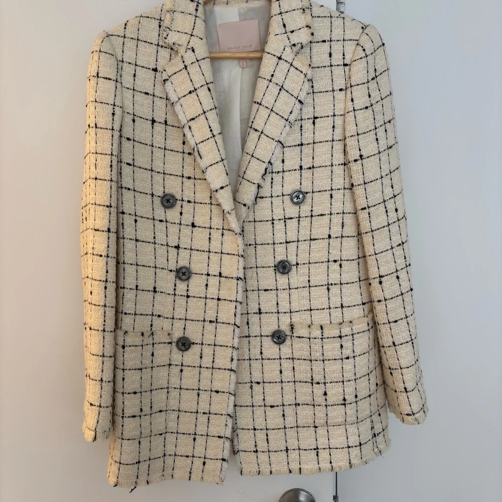 Rebecca Taylor Cream Tweed Double-Breasted Windowpane Blazer - Picture 1 of 3